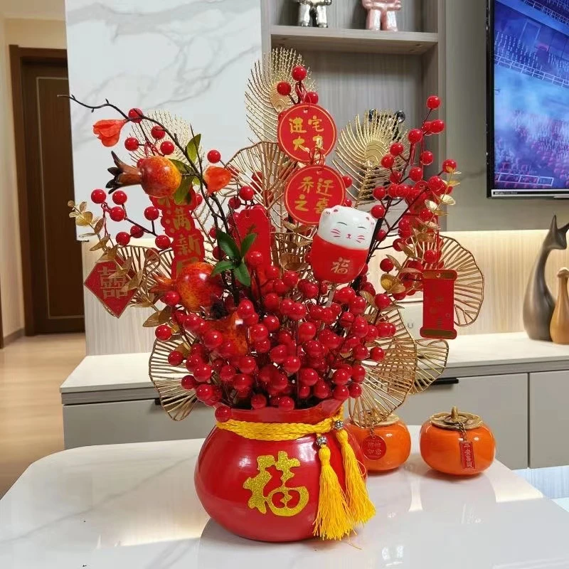 【成品发货】聚宝盆石榴果年宵花发财果仿真花送招才猫猫