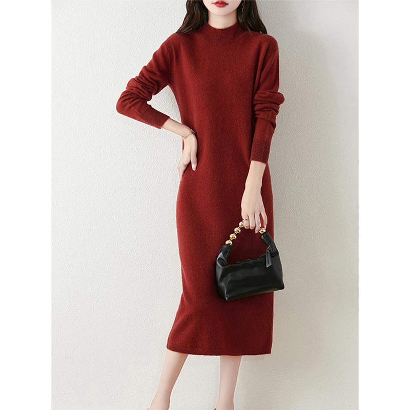 半高领纯羊毛连衣长裙女秋冬新款简约显瘦气质纯色长袖针织打底裙