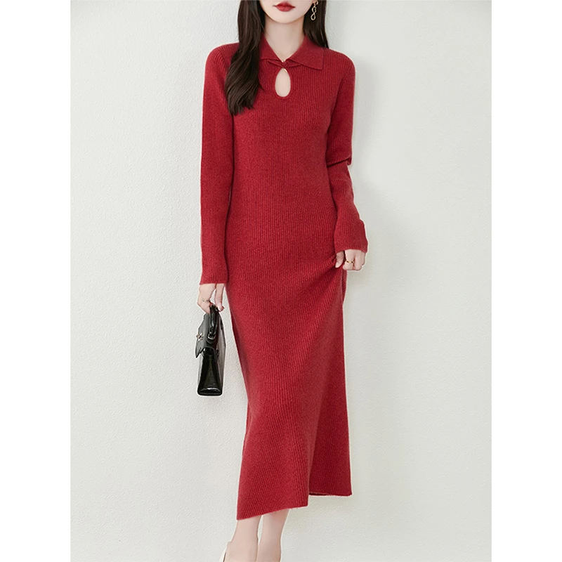 中国风水滴翻领纯羊毛连衣裙女长裙秋冬新中式改良气质针织毛衣裙
