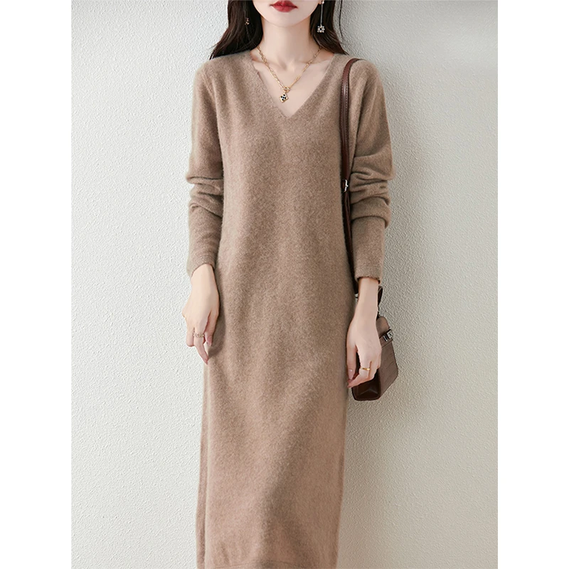V领纯羊毛毛衣裙女秋冬季显瘦气质宽松开叉连衣裙中长款针织裙子