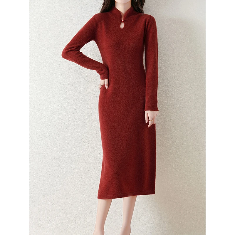 国风新中式水滴旗袍领纯羊毛长款连衣裙秋冬显瘦气质侧开叉直筒裙
