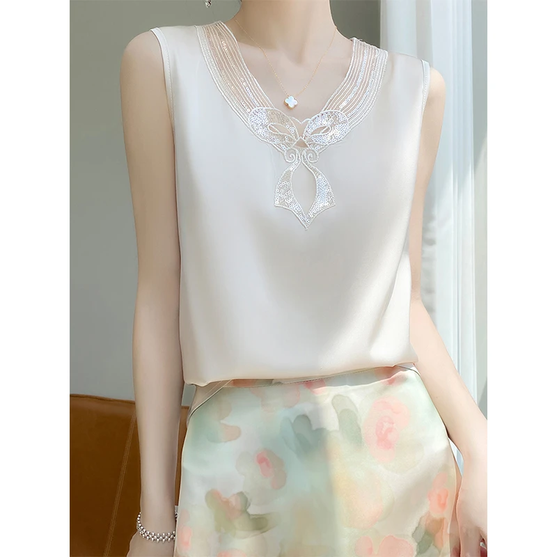 仿真丝吊带背心女气质洋气蝴蝶结蕾丝拼接打底夏外穿宽松无袖上衣