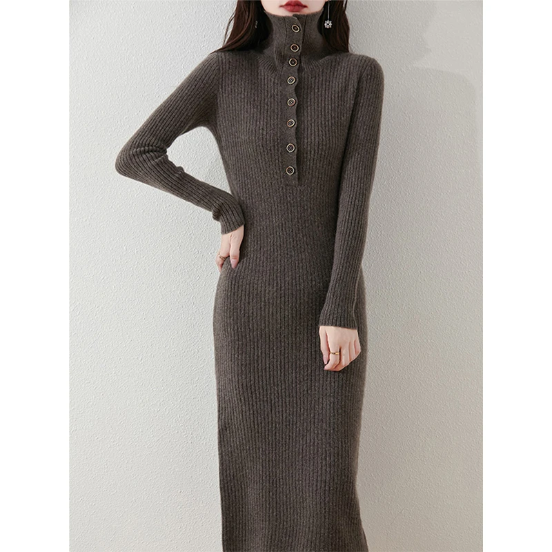 纽扣翻领纯羊毛针织长款连衣裙秋冬款显瘦修身气质直筒内搭时尚裙