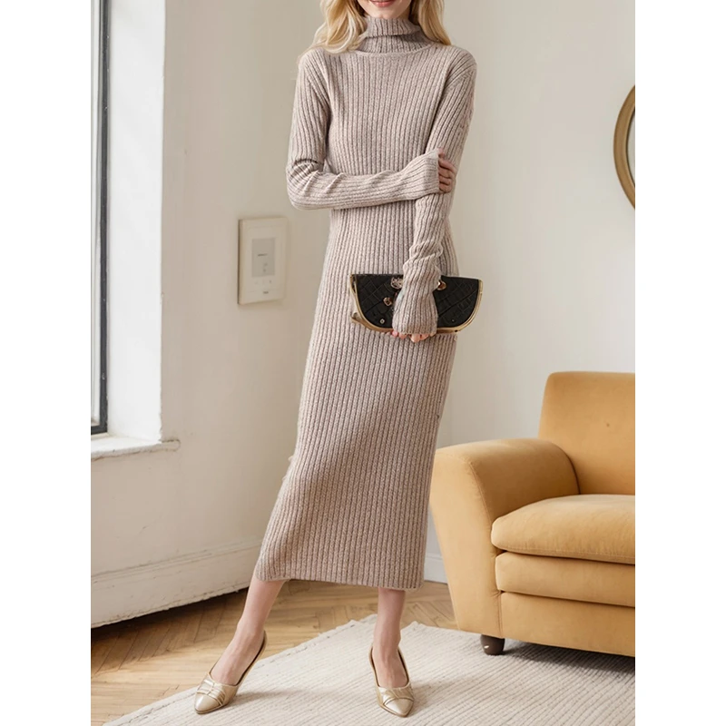 高领纯羊毛长款针织连衣裙女士秋冬显瘦修身打底裙简约直筒毛衣裙