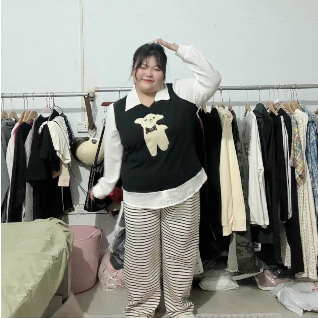 大码胖佳佳快乐小羊假两件衬衫宽松减龄显瘦百搭假两件可爱爆款