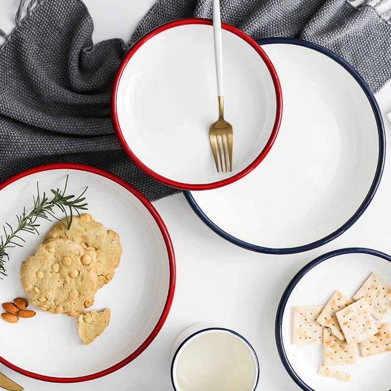 日式搪瓷餐盘子家用碗盘餐具创意炒菜珐琅汤盘装菜盘子饺子深蒸盘