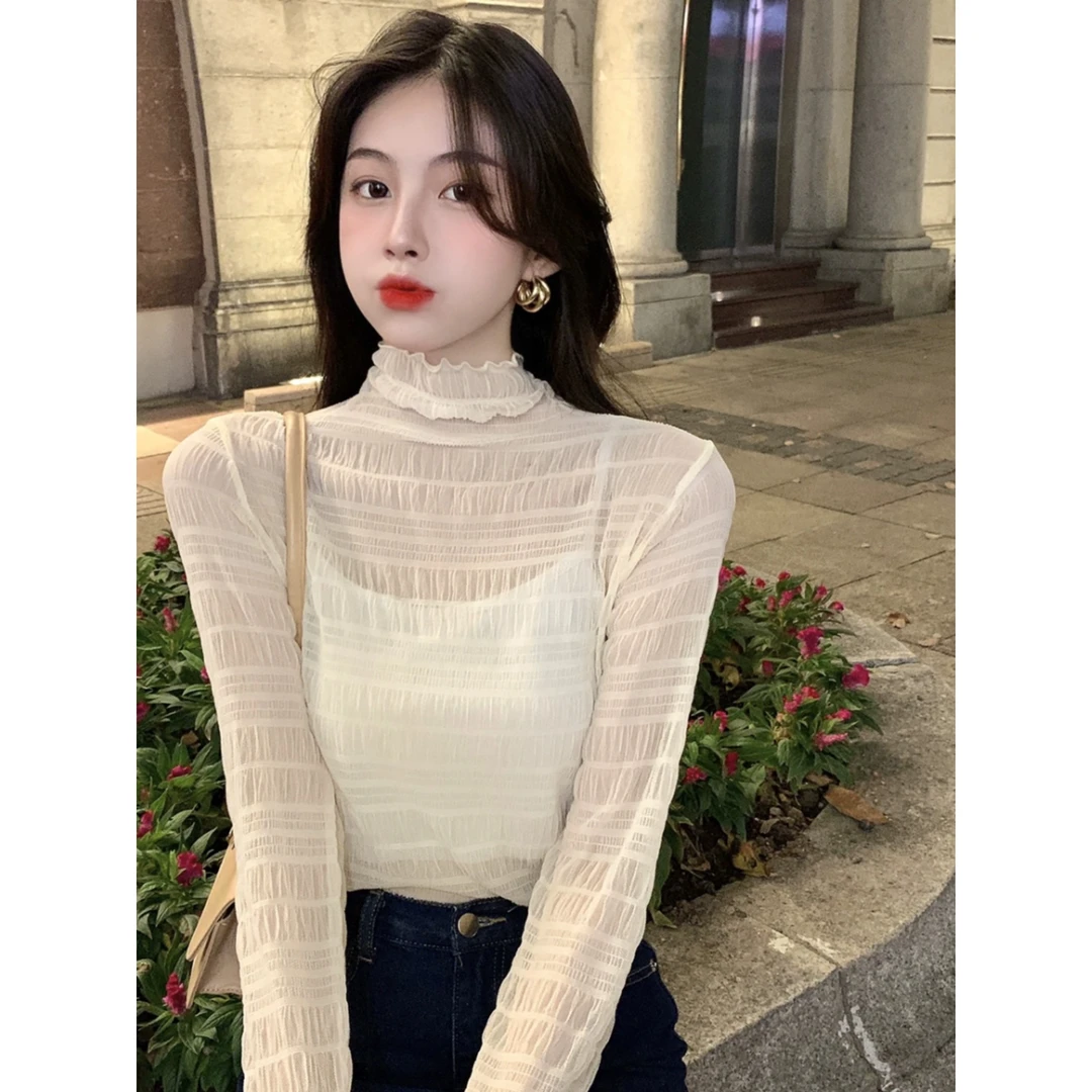 新款蕾丝打底衫女高领内搭洋气欧货性感时尚显瘦透气上衣女士