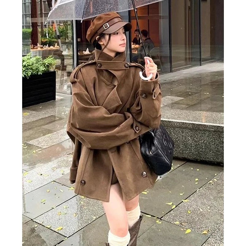 复古咖色翻领长袖风衣外套女秋季美拉德设计感麂皮绒外套