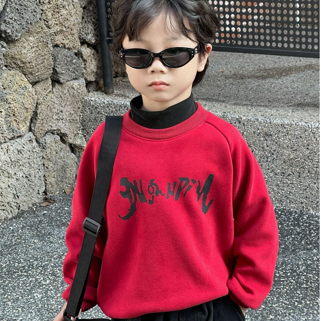 儿童加绒一体绒卫衣男童加绒加厚上衣打底宝宝高领上衣安哥拉红潮