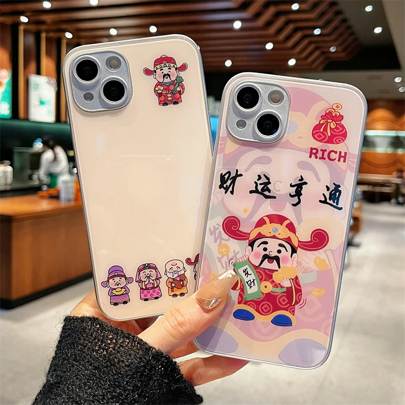 适用iPhone15promax苹果15高级手机壳保护套14财神爷爷13玻璃壳12