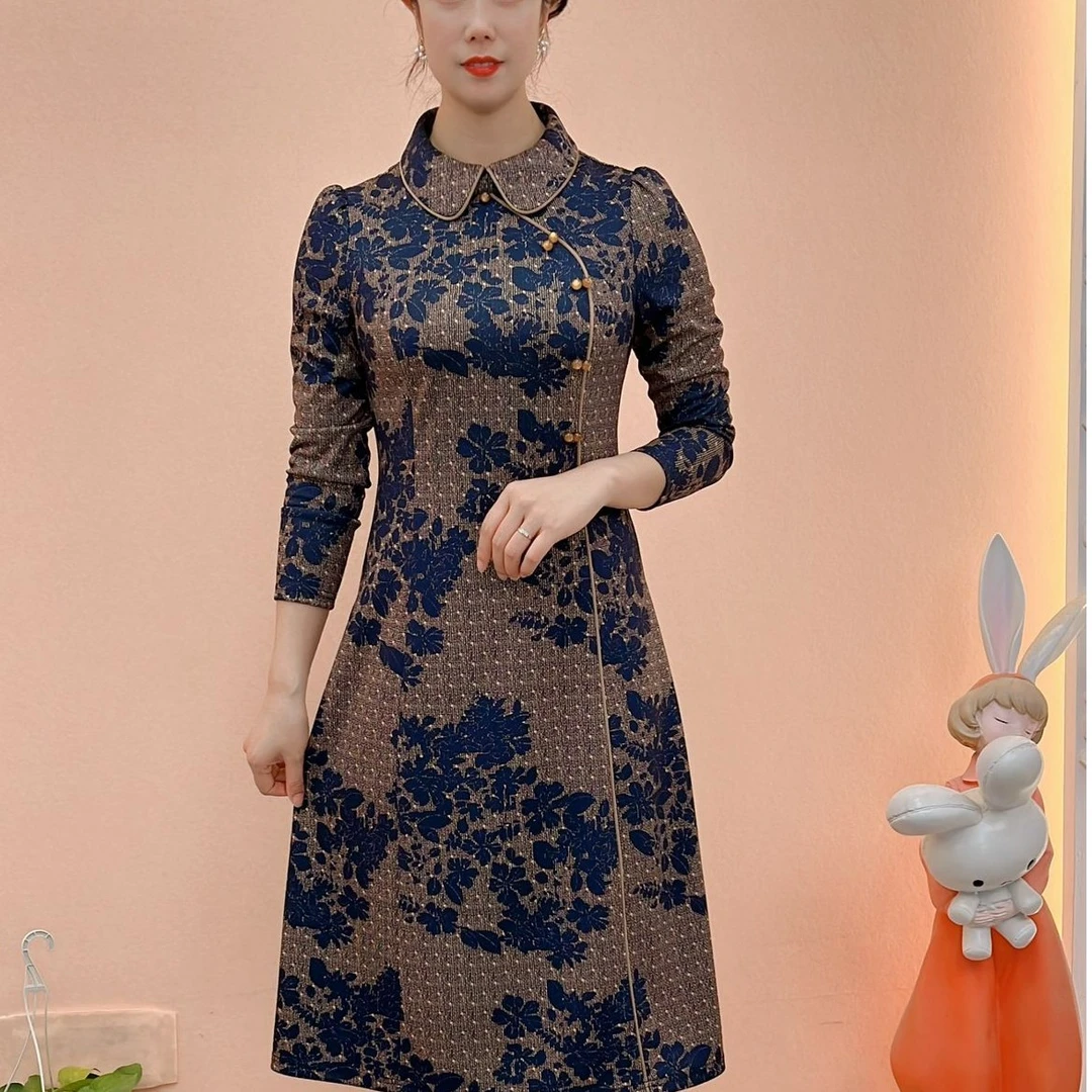 【典雅定制】秋季新款气质时尚修身中国风优雅显瘦复古中长款连衣裙