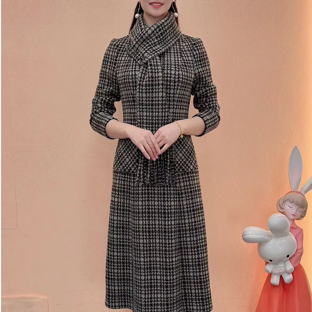 【典雅定制】冬季新款加绒时尚百搭气质显瘦新中式加厚格子连衣裙