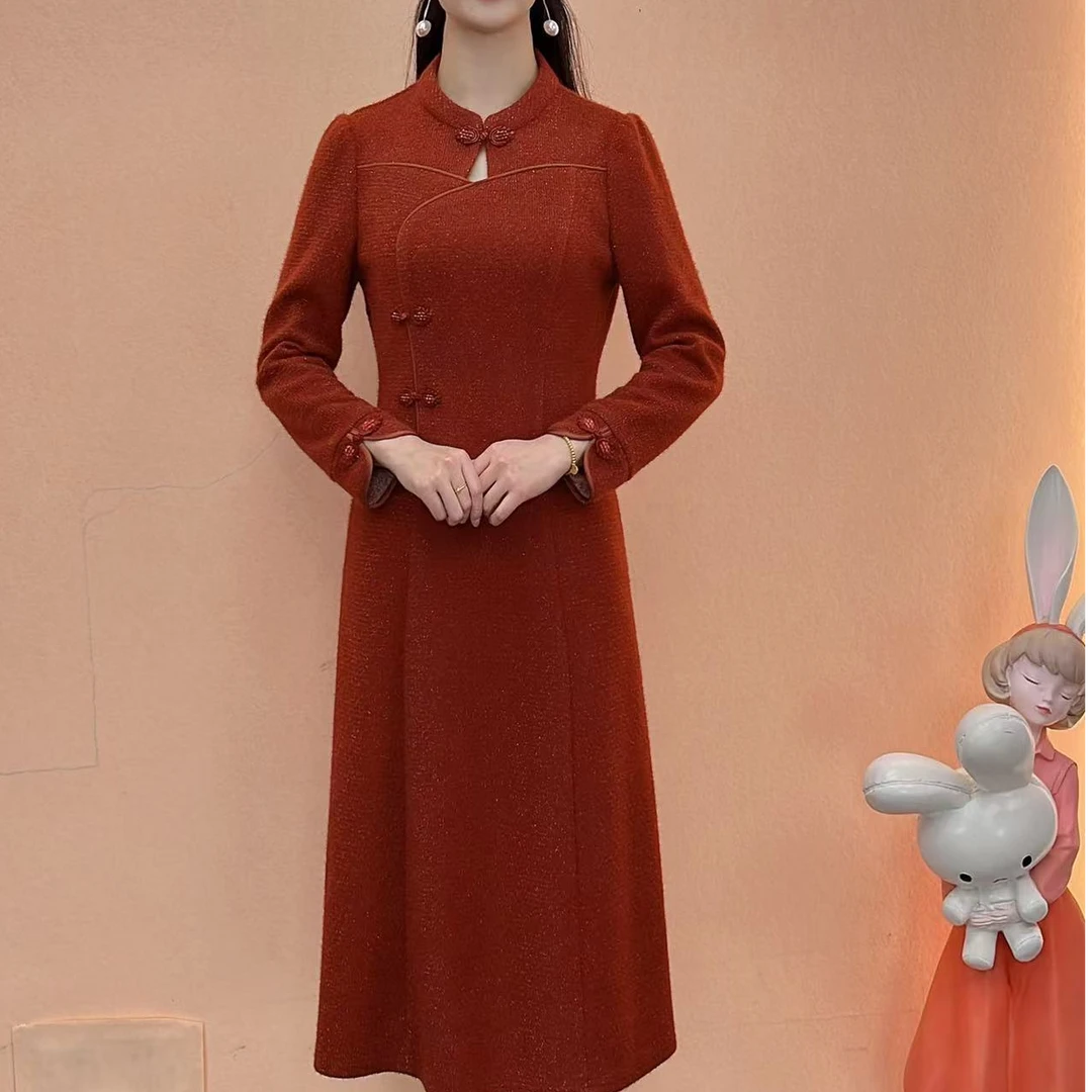 【典雅定制】春秋新款加厚时尚百搭气质显瘦新中式修身连衣裙