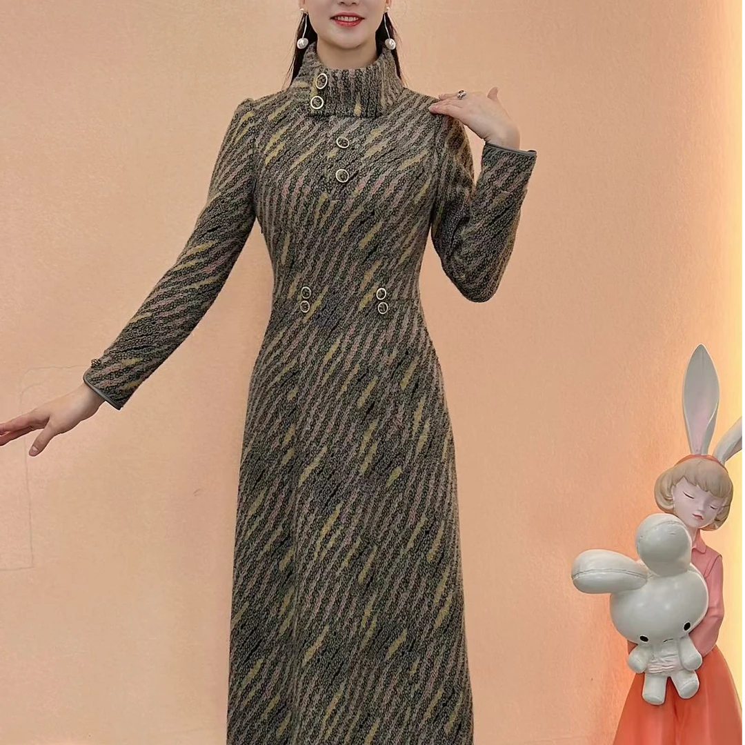 【典雅定制】冬季新款加厚优雅修身百搭显瘦新中式加绒时尚连衣裙