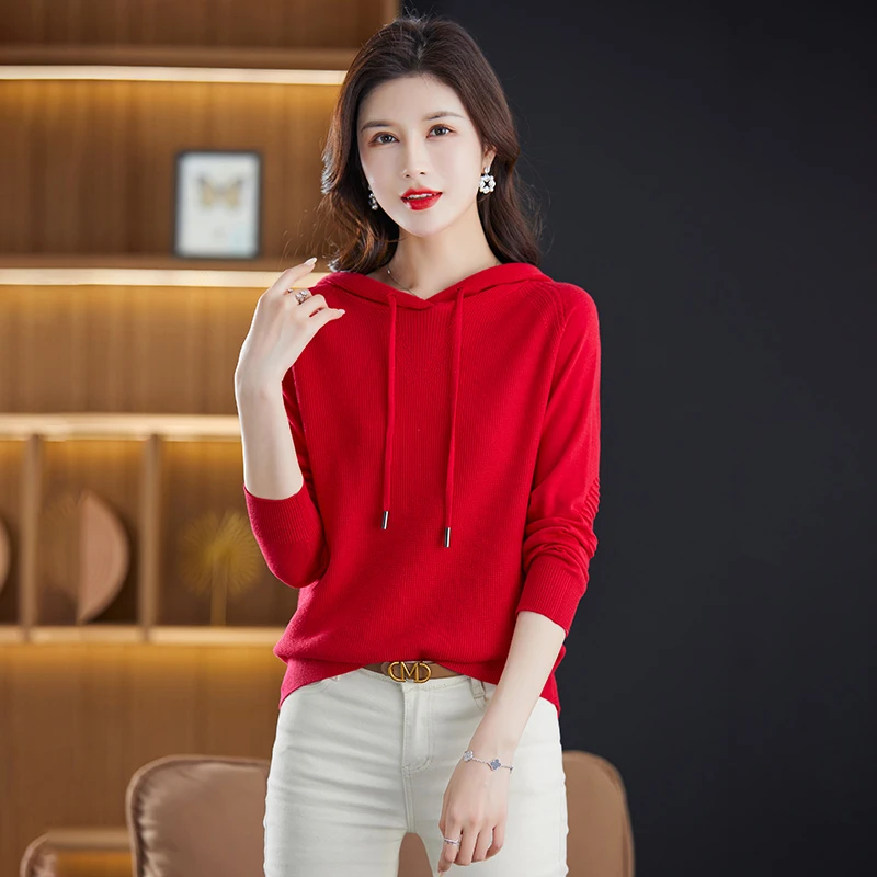 洋气休闲连帽针织衫女春秋时尚百搭简约纯色帽衫宽松显瘦针织上衣