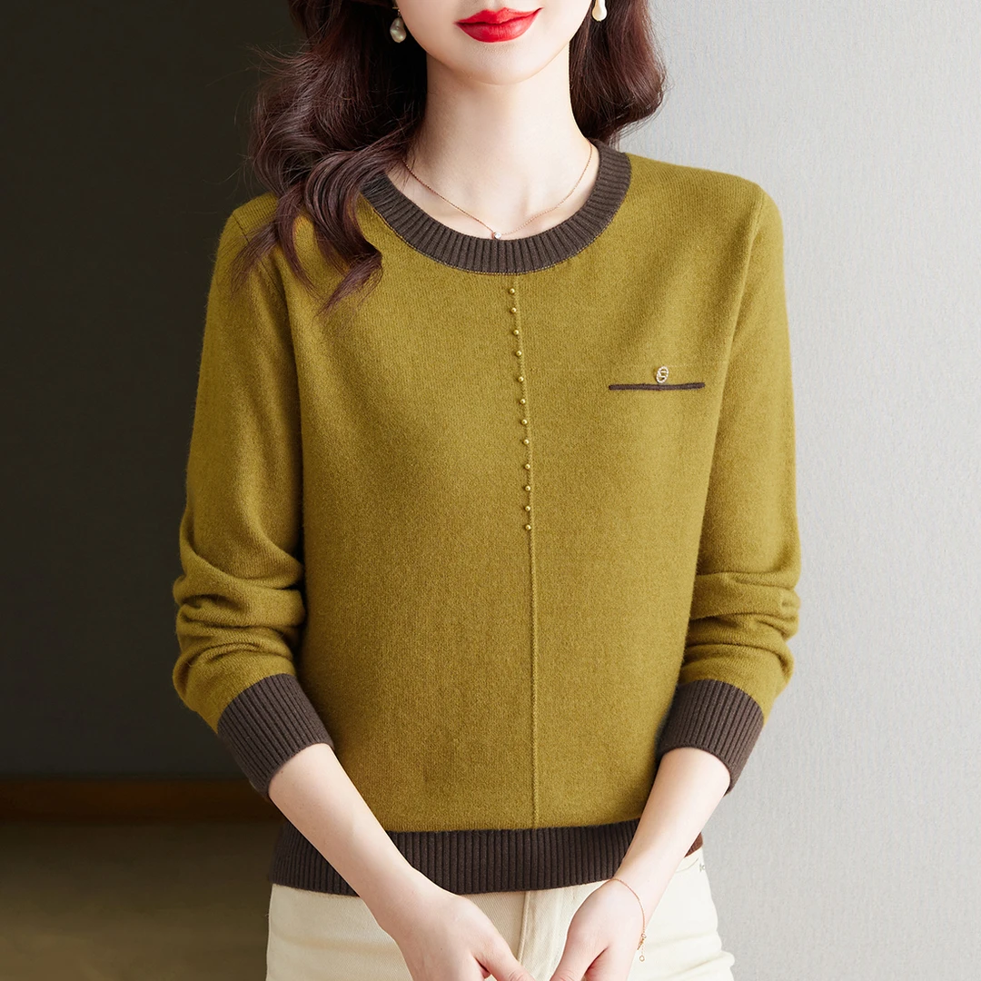 时尚撞色钉珠针织衫女2024年新款洋气宽松百搭圆领上衣春秋毛衣