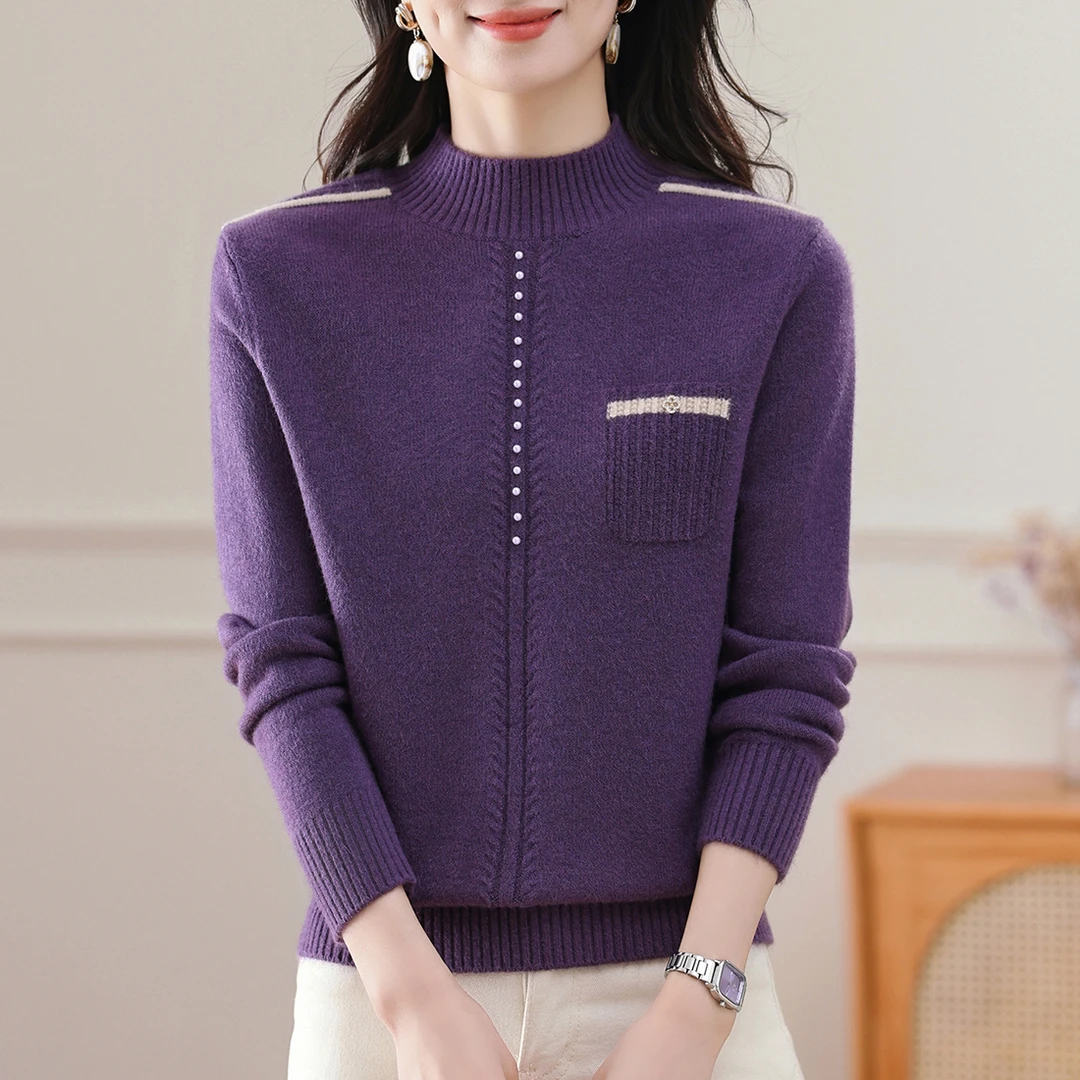 洋气钉珠半高领针织衫女时尚百搭加厚打底衫秋冬宽松保暖套头毛衣