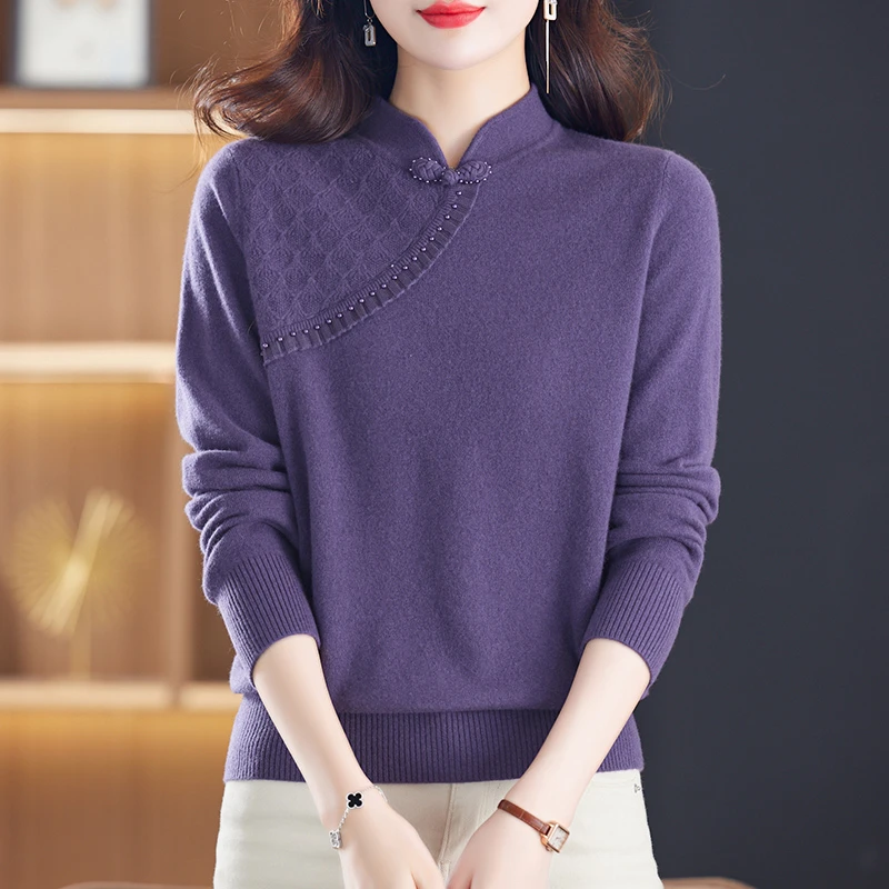 100纯羊毛女立领上衣秋冬新款本命年大红色国风气质打底羊毛衫