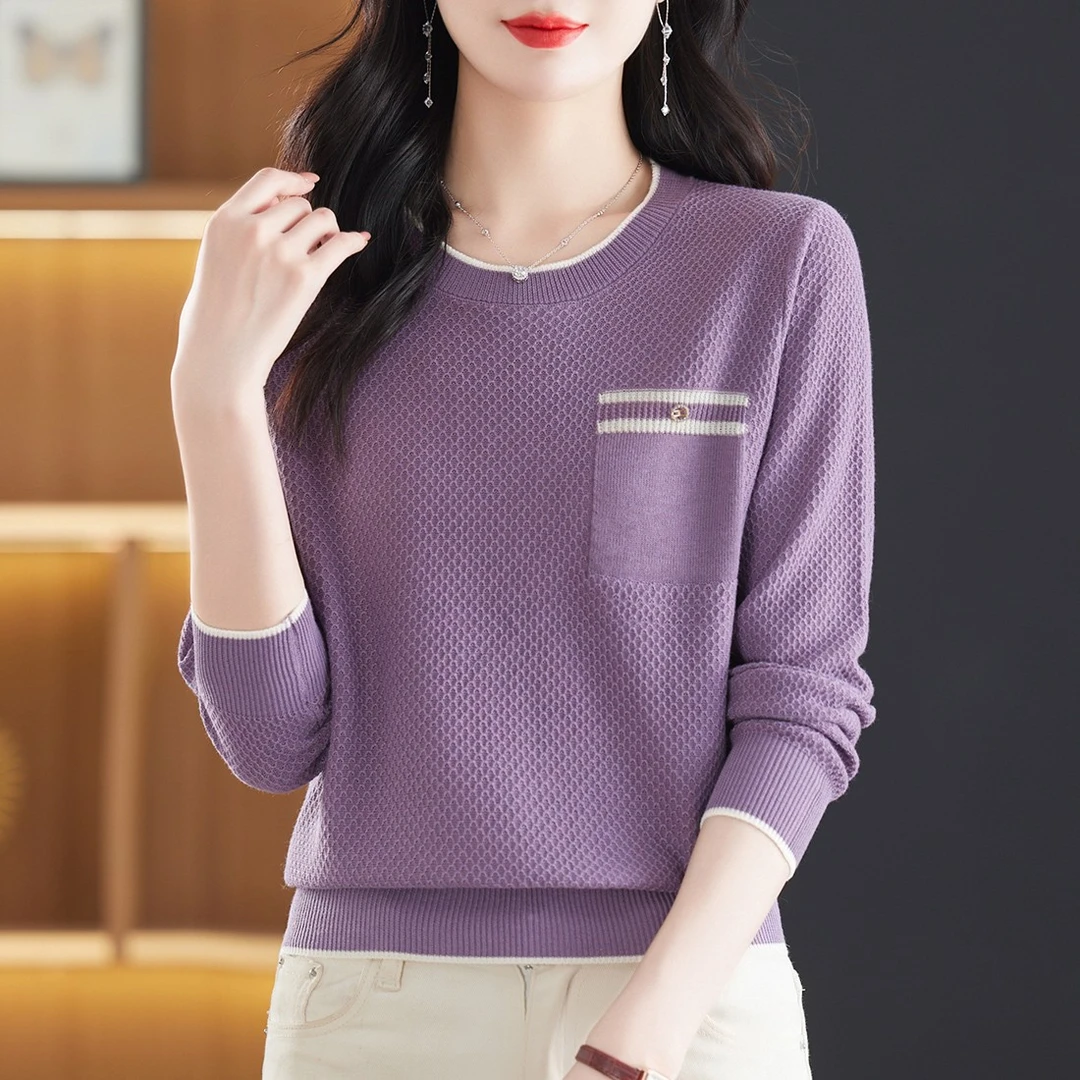 洋气提花圆领针织衫女春秋时尚百搭套头上衣薄宽松显瘦大码妈妈装