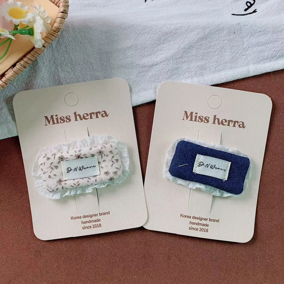 【满19.9包邮】新款韩系蓝色系牛仔碎花蕾丝儿童爱心发夹掰掰