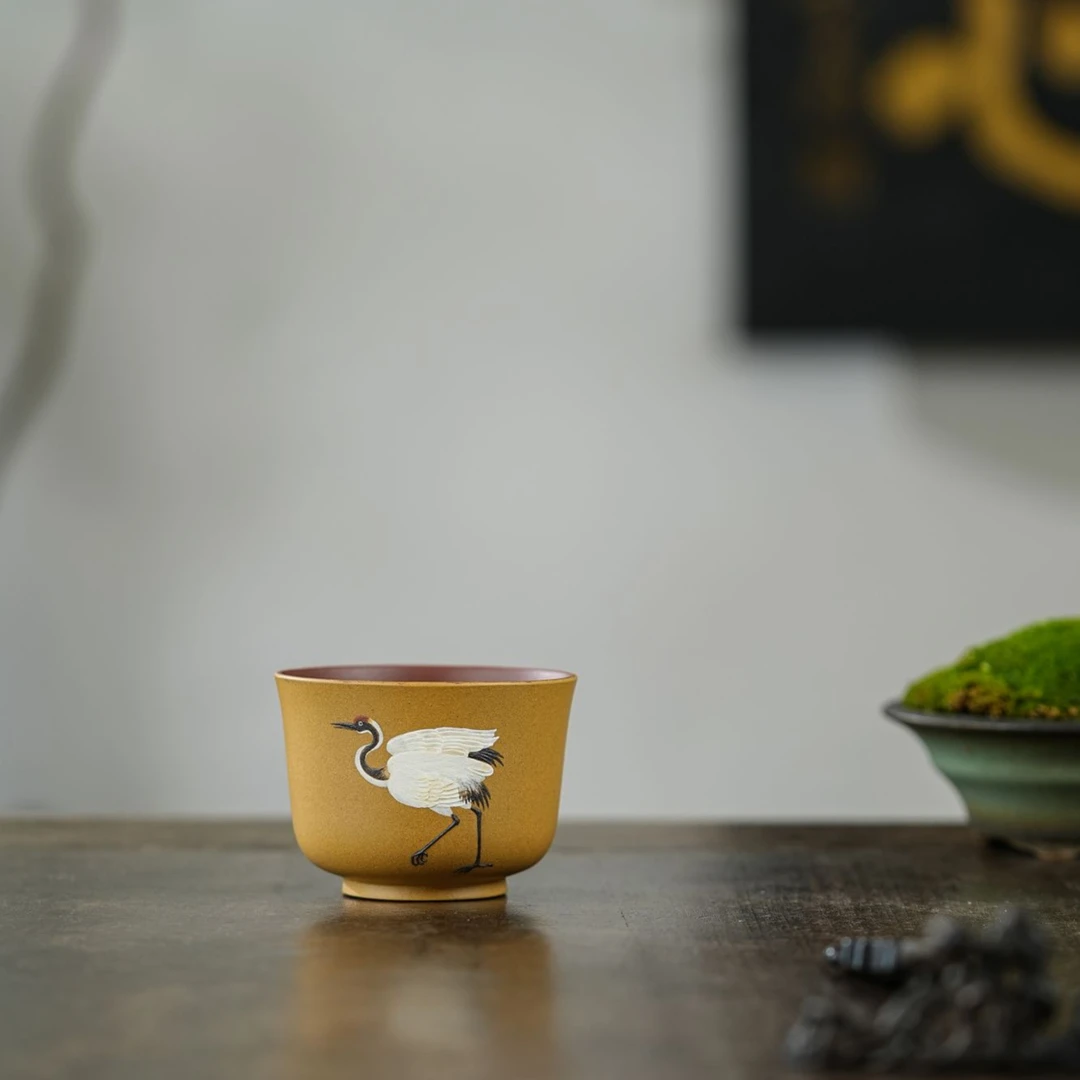 凡匠臻心<仙鹤泥绘主人杯>手工 紫泥 粉段  全手工泥绘