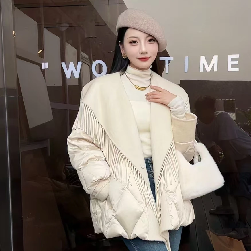 时尚名媛气质毛呢拼接流苏外套