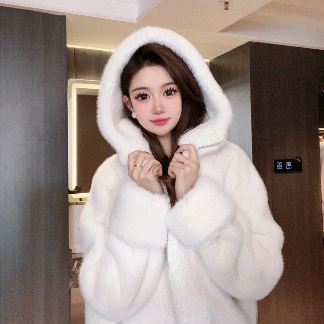 57厘米衣长经典帽款短款秋冬新款百搭宽松休闲毛毛外套