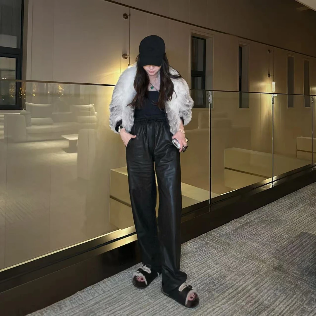 【Y.y Fur】“长腿助攻”松紧腰绳黑色皮裤0011 休闲 时尚设计师气质