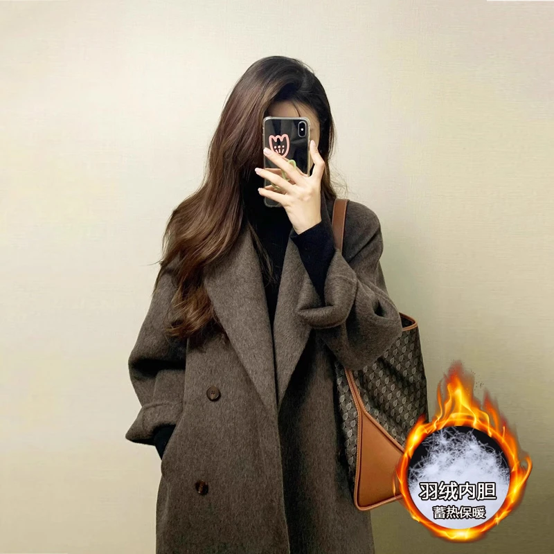 美拉德内胆羽绒毛呢大衣女外套高级感2025年冬季双面呢子毛呢外套