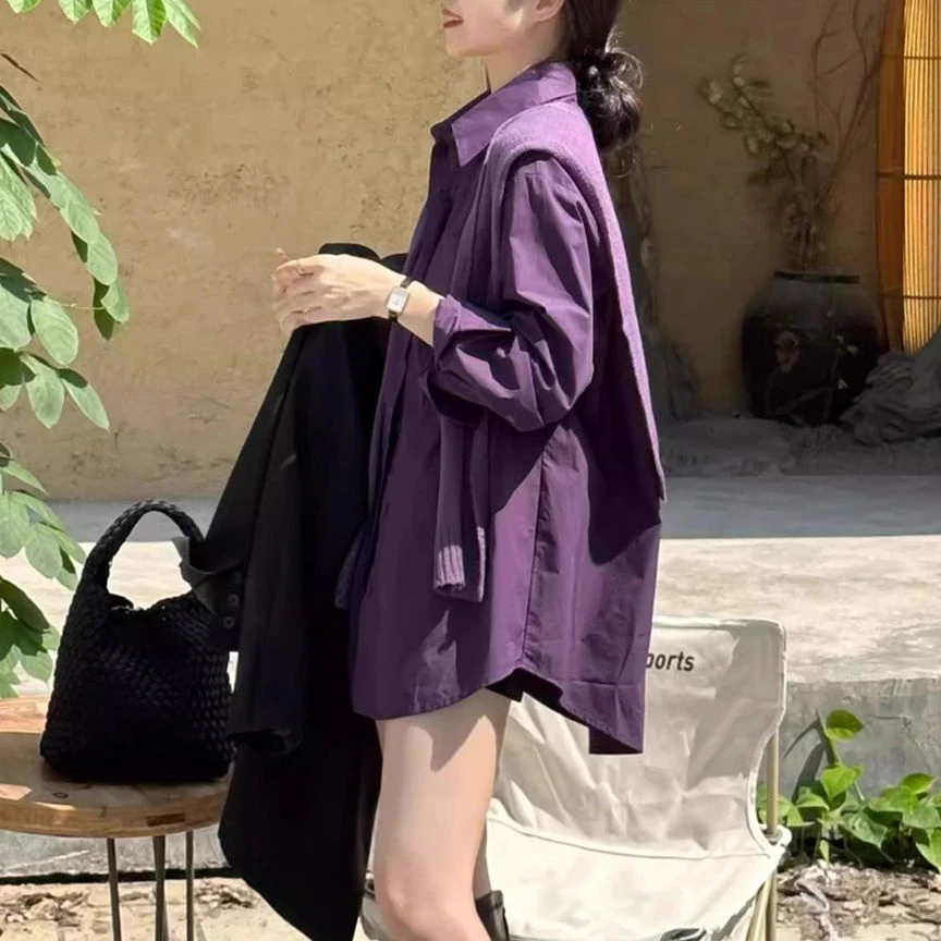 春夏季新款中长款休闲宽松百搭复古紫色衬衫女长袖polo领外套上衣