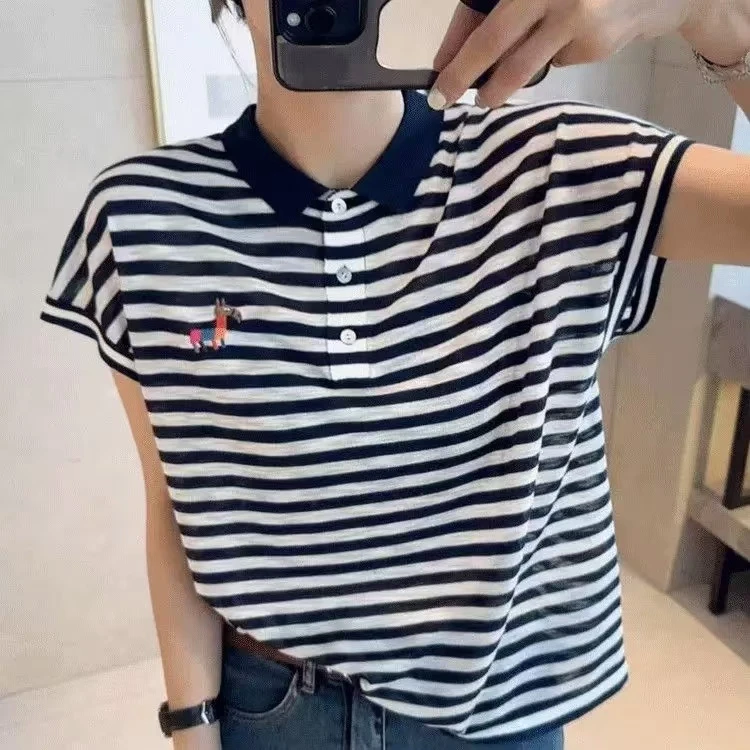 【短袖~七彩马条纹】2024新款百搭时尚套头针织衫A884