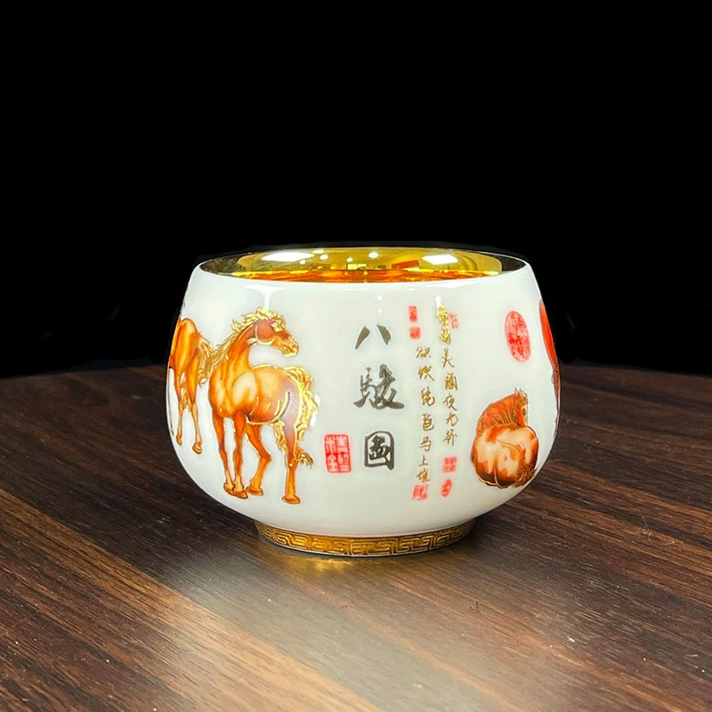 八骏图主人杯鎏金茶杯陶瓷品茗杯个人手工杯专用单杯功夫茶具建盏