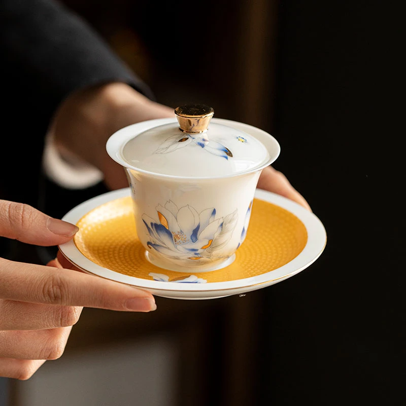 羊脂玉高档白瓷功夫茶具三才盖碗家用防烫单个盖碗中式陶瓷茶具