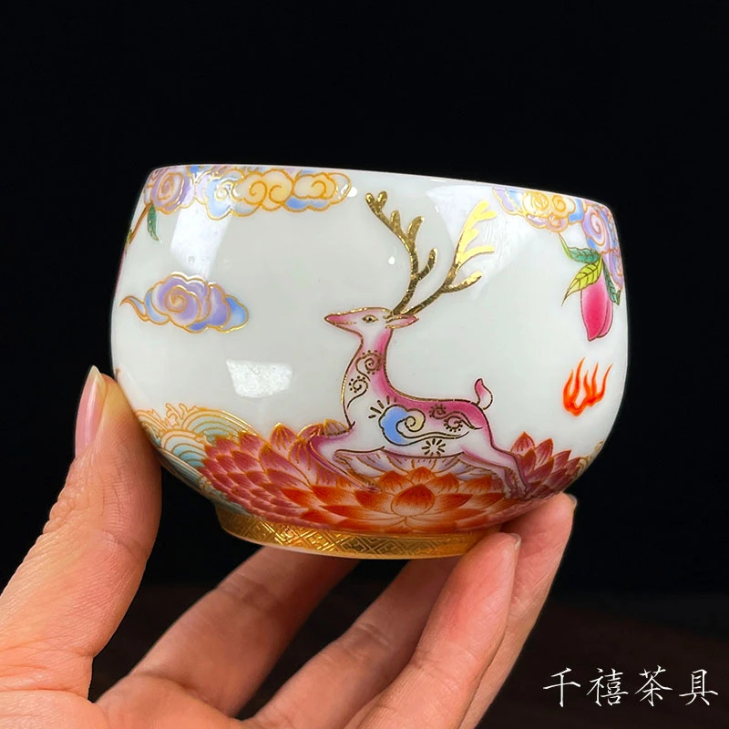 陶瓷主人杯单杯珐琅彩茶碗一鹿有你杯个人喝茶专用羊脂玉白瓷茶具