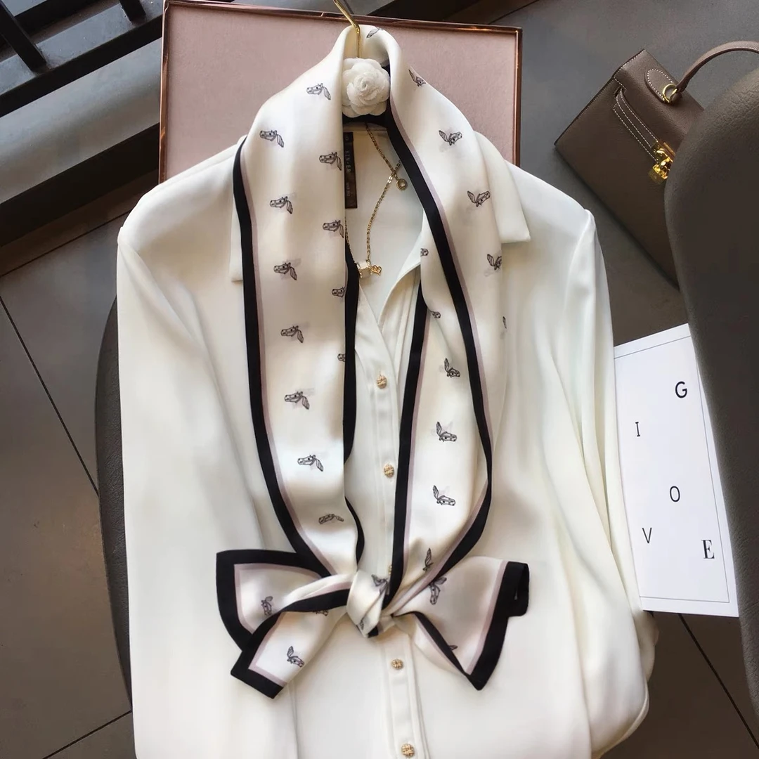 100%桑蚕丝双层真丝长巾飘带小马驹16*145女士春秋夏季百搭丝巾薄