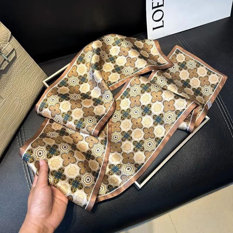 100%桑蚕丝【四叶花双层真丝长巾】15*145高端素绉缎女士丝巾围巾