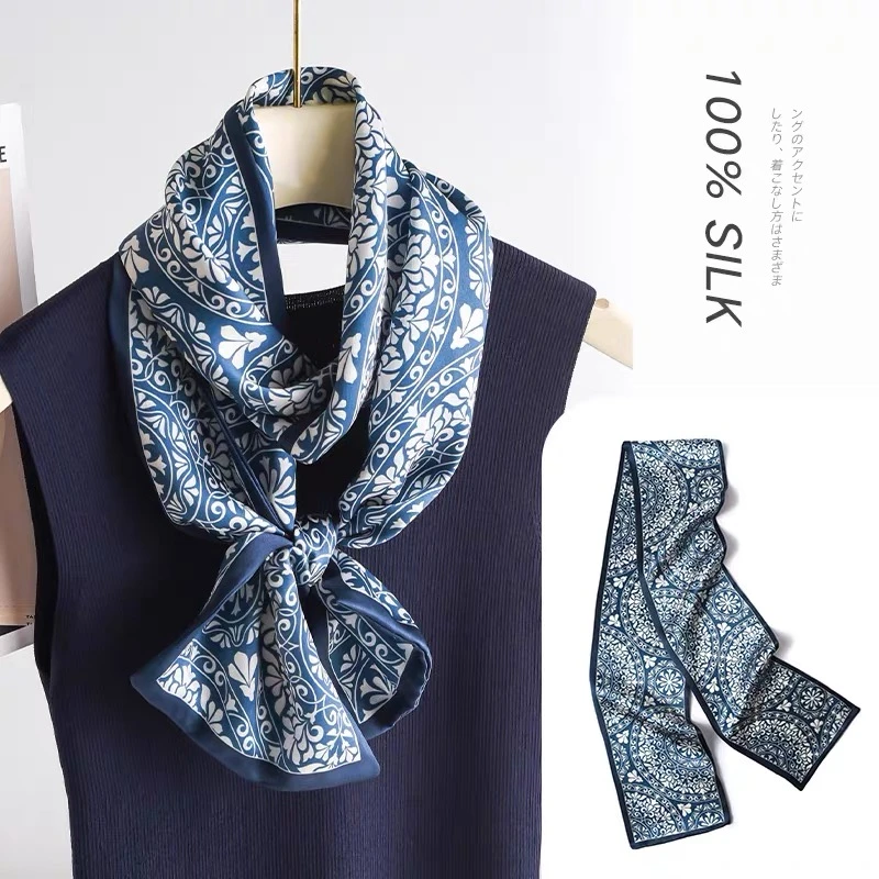 100%桑蚕丝真丝长飘带蓝清花16*145双层素绉缎女士百搭飘带围丝巾