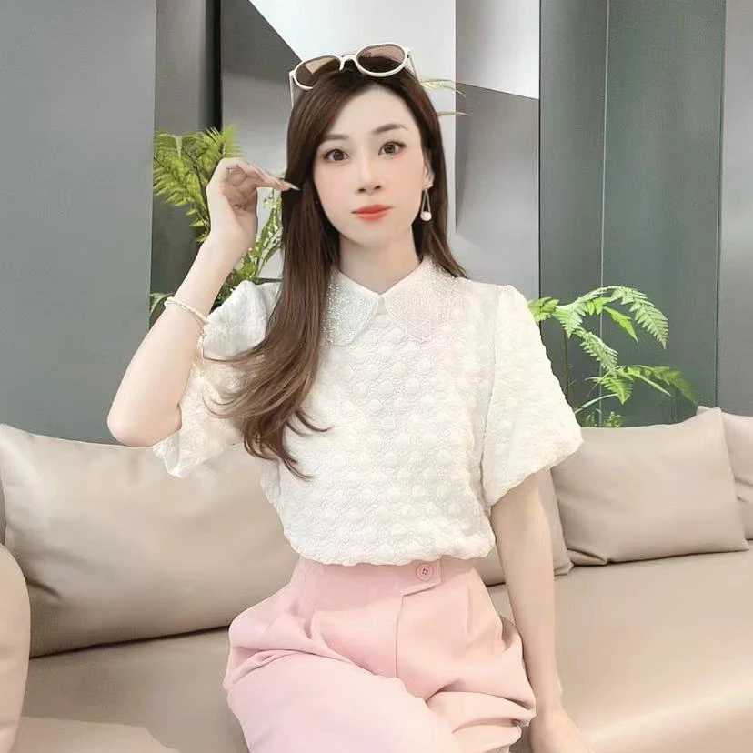 TX0043小众设计甜美泡泡格T恤上衣
