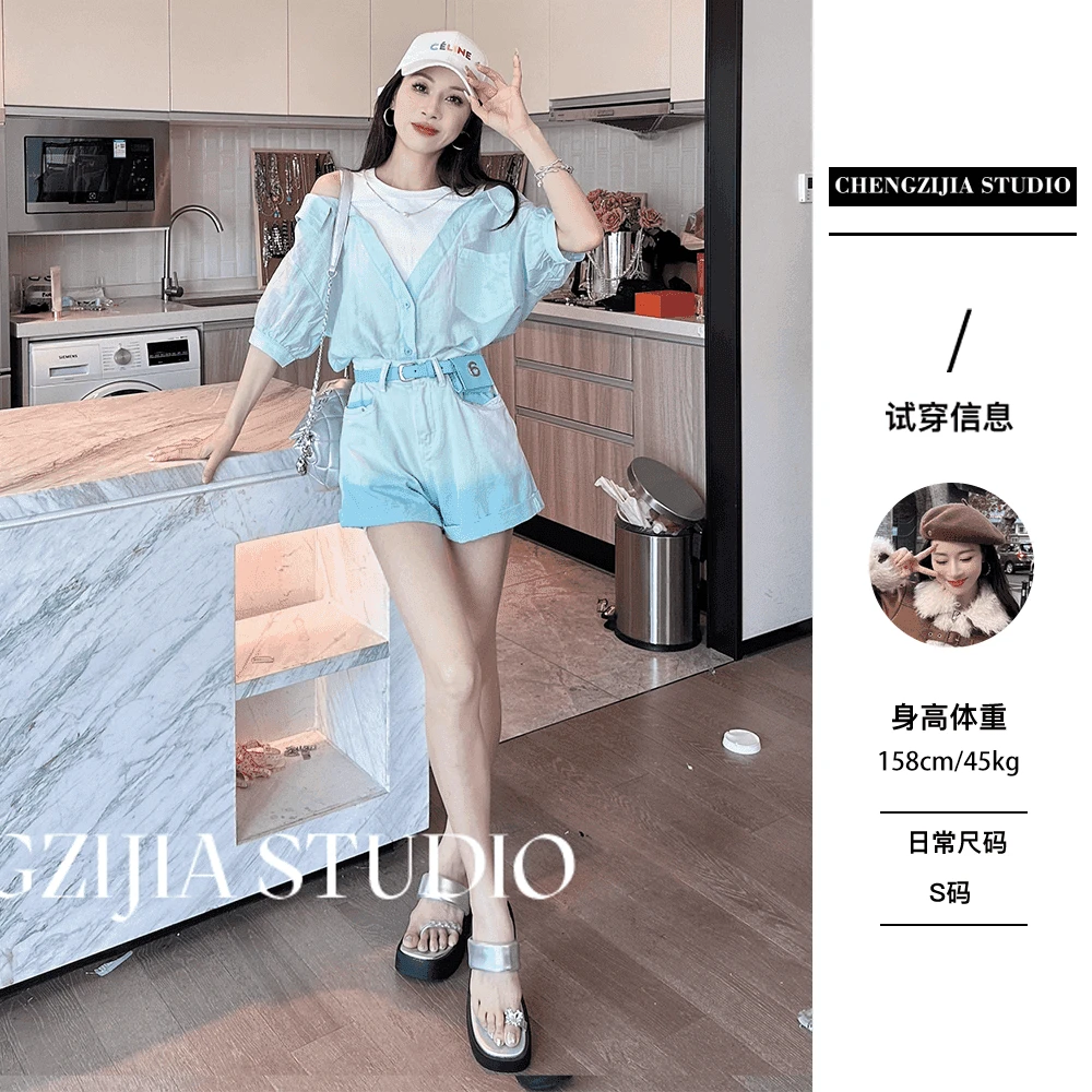 【裴诗婷】橙子·studio 【露肩蓝萤】 CS0430圆领露肩假两件衬衫