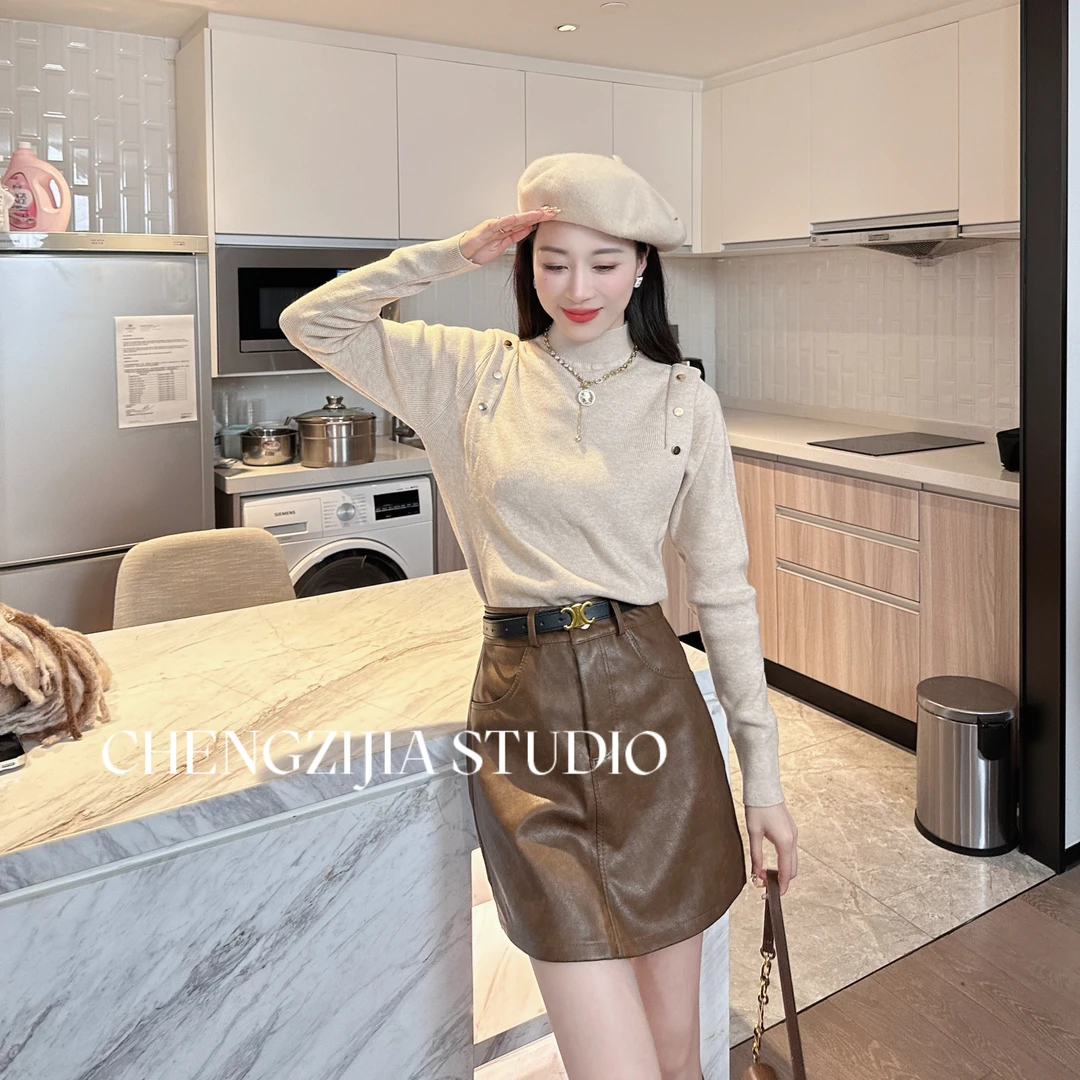 MY0223半高领显瘦遮肉带扣毛衣