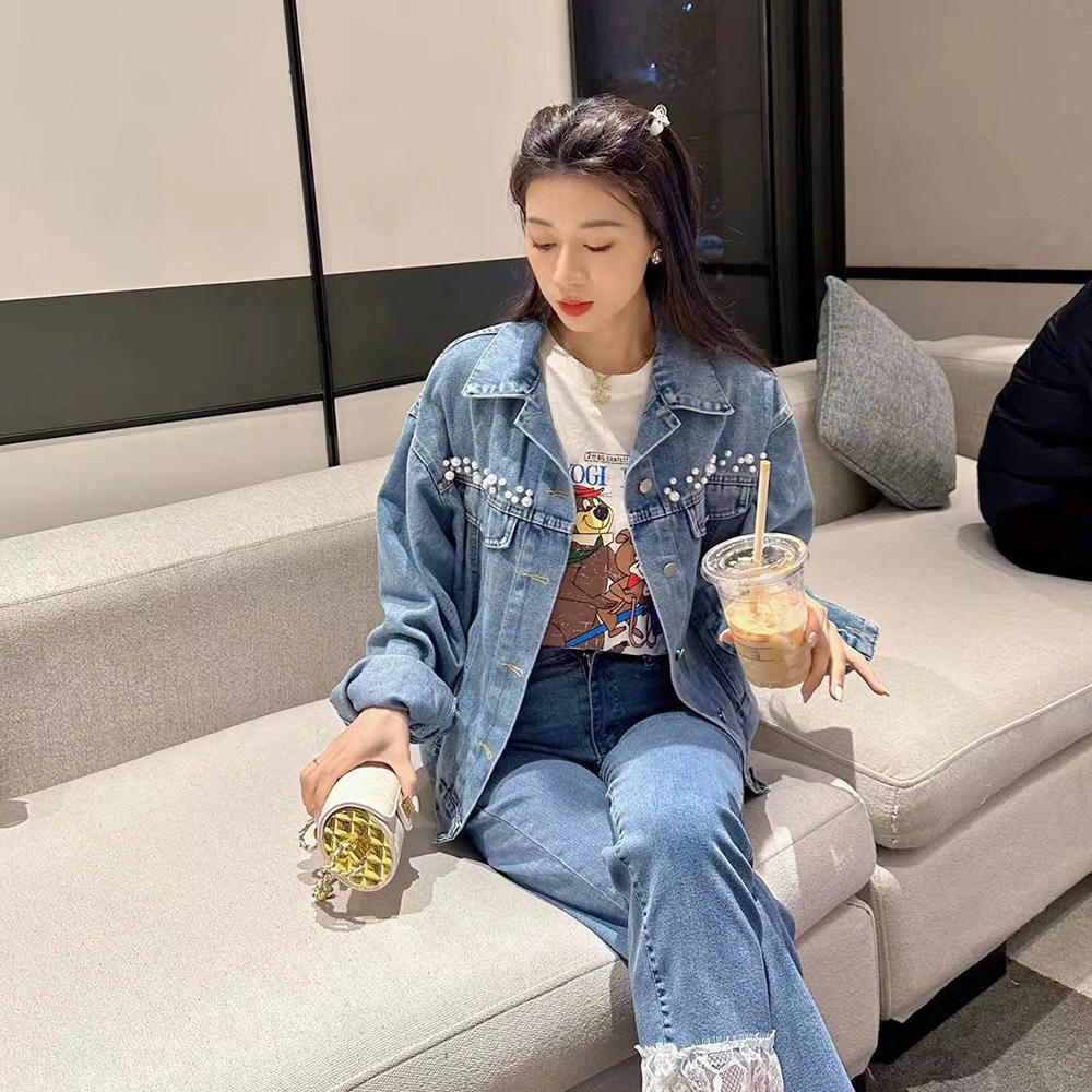 WT0190春季新款重工时尚百搭短款宽松钉珠牛仔外套女显瘦