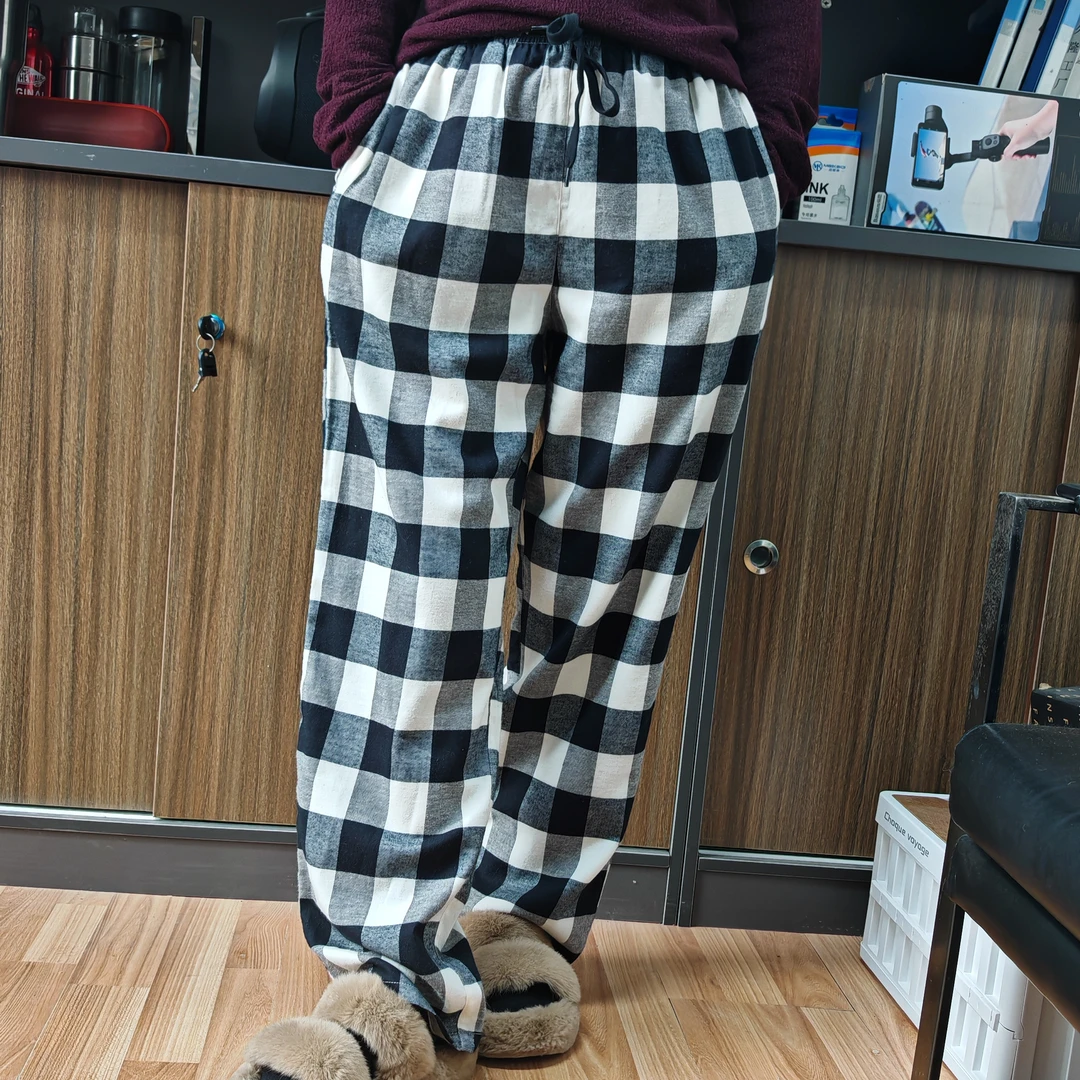 秋冬新款时尚格子全棉抓剪绒睡裤超柔保暖休闲家居必备可外穿裤子