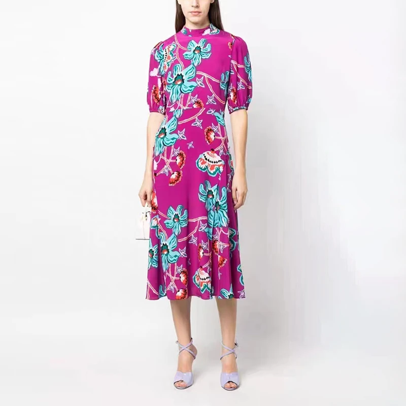 2023夏季新品气质时尚显白高端花卉印花圆领中长款修身连衣裙