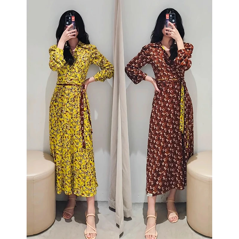 24秋季新款  黄色艺术花影/榛果棕波纹锁链双面穿弹力网纱裹身裙