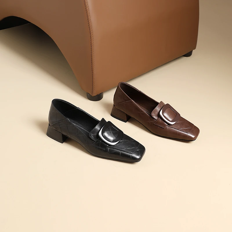 AMEINOR艾瑂儿2025春季方头深口低跟真皮单鞋时尚通勤百搭女鞋