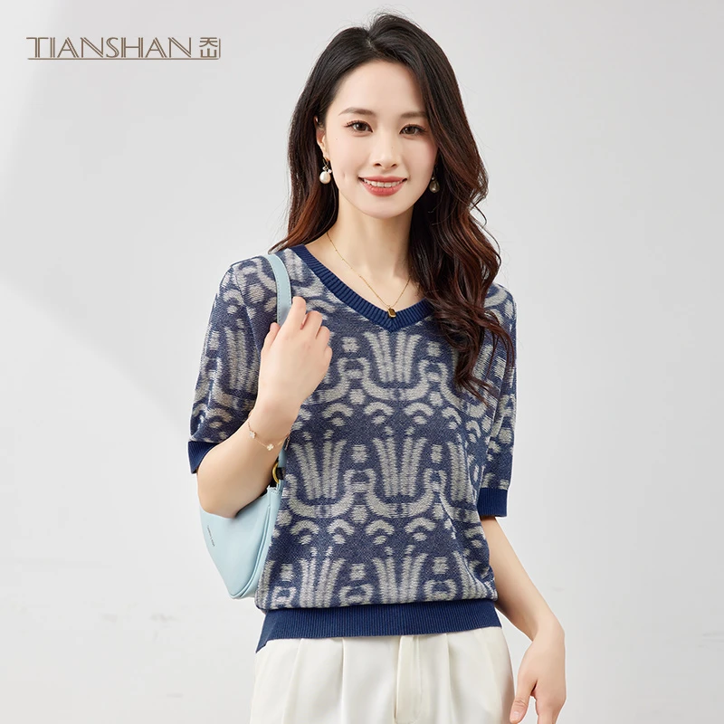 天山TIANSHAN【100%桑蚕丝】2024夏季女百搭提花针织短袖-YTNL5107T