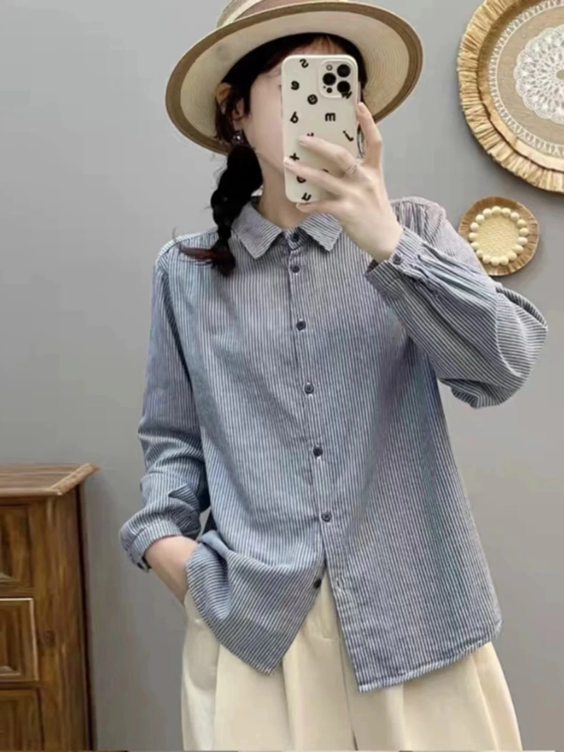 设计感休闲条纹衬衣女春秋日系通勤气质宽松双层棉纱长袖衬衫上衣