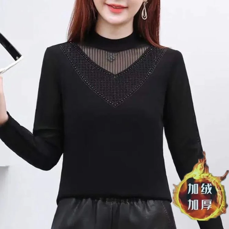 高档女装秋冬新款加绒加厚打底衫妈妈装时尚显示女保暖长袖上衣