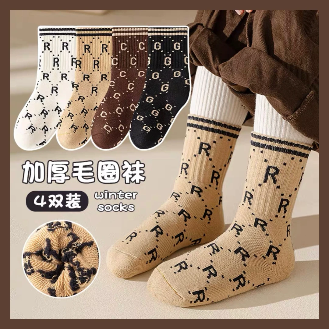 儿童高腰棉袜韩版秋冬加厚毛圈袜字母百搭款男女童学生保暖袜C265