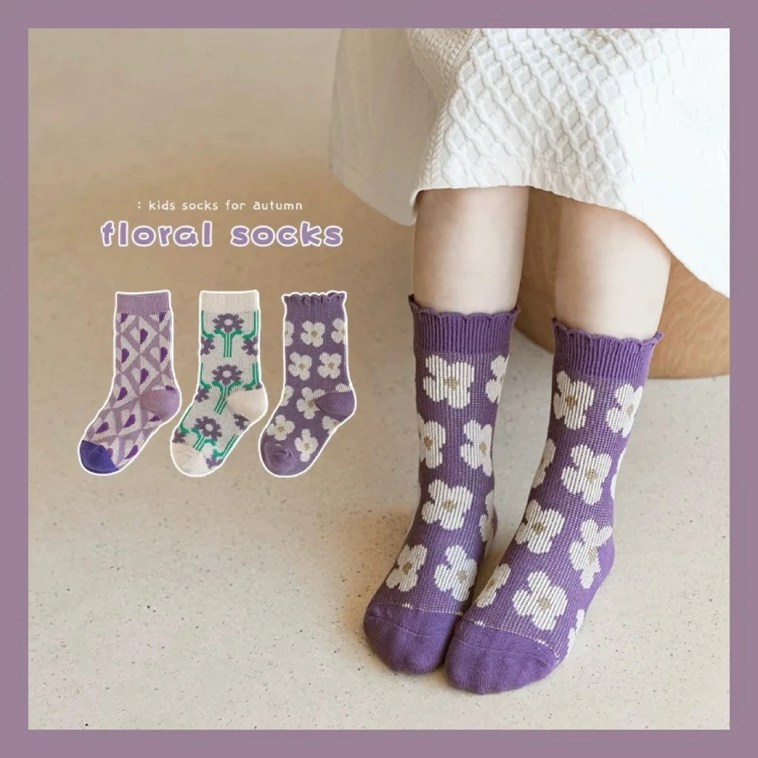 女童袜子春秋款精梳棉中筒袜韩版花朵紫色女孩学生潮袜双针双路